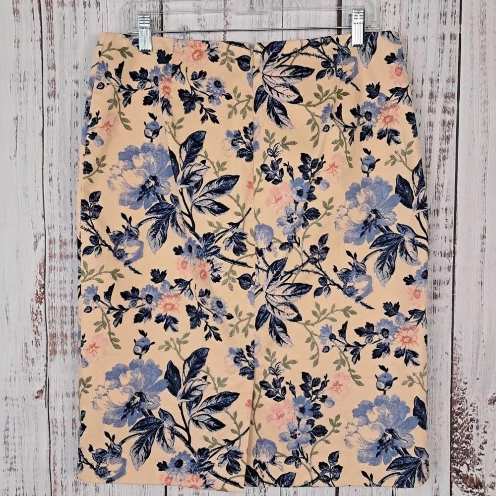 TALBOTS 10 Peach‎ Blue Floral Cotton Stretch Pencil Skirt Career Artistic